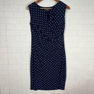 Lauren Ralph Lauren Womens Midi Dress size 10 Nav Blue Polka Dot Stretchy Materi